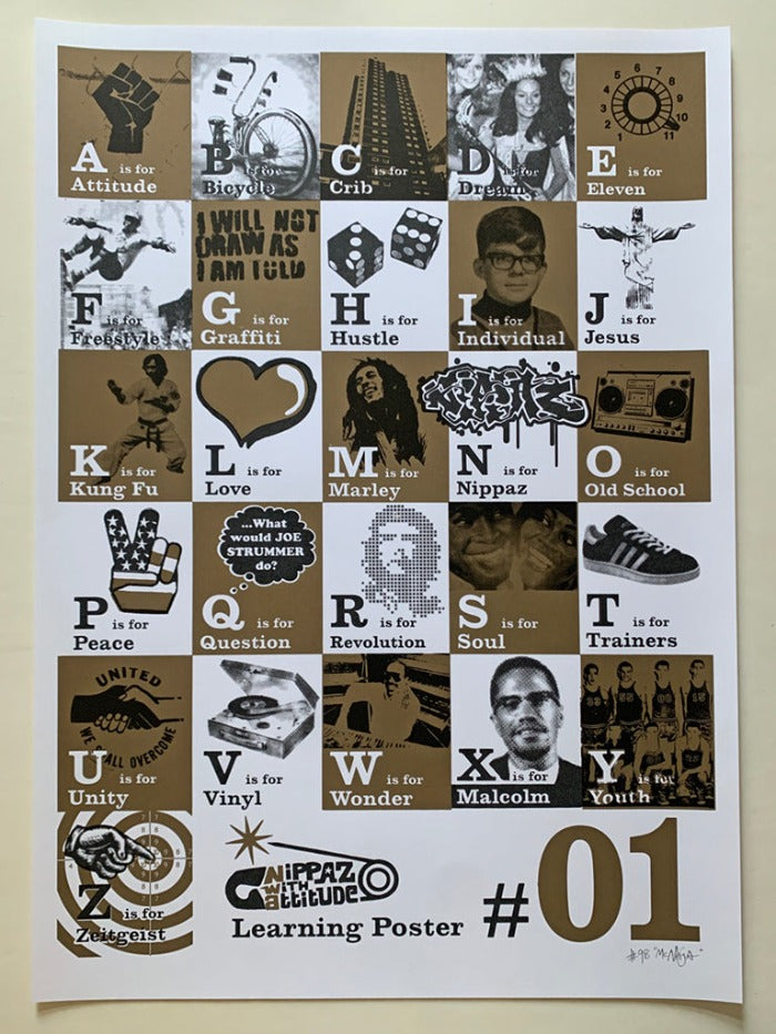 Alternative unique A-Z Alphabet art print poster for kids & adults in bronze and black hand screen printed