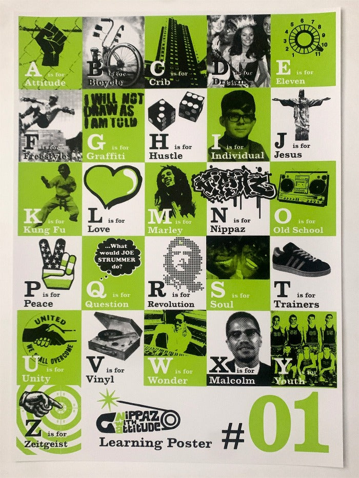 Alternative unique A-Z Alphabet art print poster for kids & adults in lime green and black hand screen printed